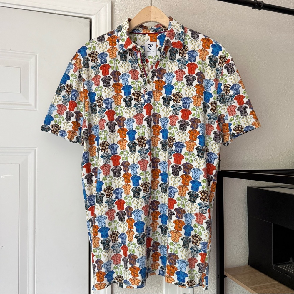 R2 Amsterdam white multicolor printed polo shirt sleeve cotton popover shirt